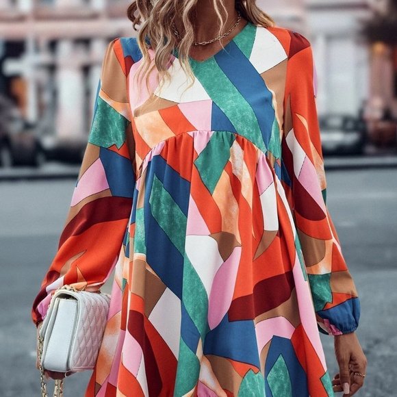 Multicolor Boho Womens Geo Print Lantern Sleeve Ruffle Hem Smock Dress - Picture 2 of 5